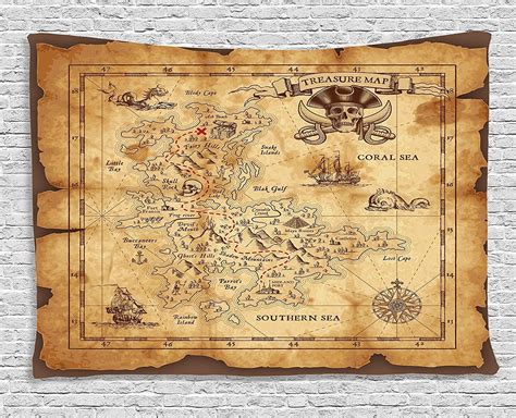 Rustic Pirates Gold Map Fabric Wall Tapestry Treasure Maps Pirate