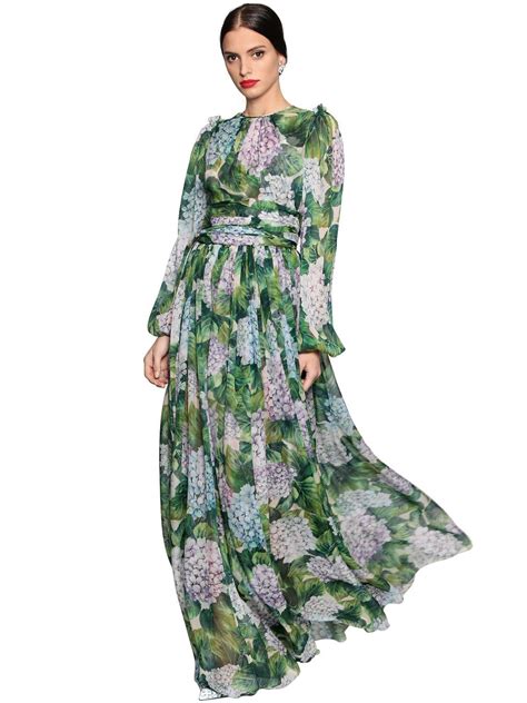 Dolce And Gabbana Hydrangea Printed Silk Chiffon Dress In Green Lyst