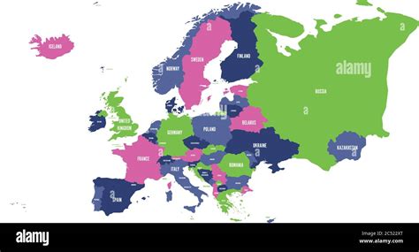 Politische Karte Des Europäischen Kontinents In Vier Farben Mit Weißen Ländernamen Etiketten Und