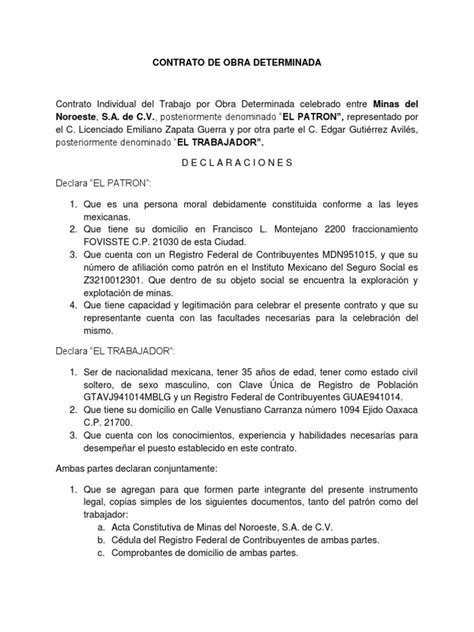 Contrato De Obra Determinada Pdf La Seguridad México