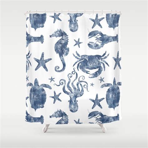 An Ocean Themed Shower Curtain With Sea Animals And Starfish