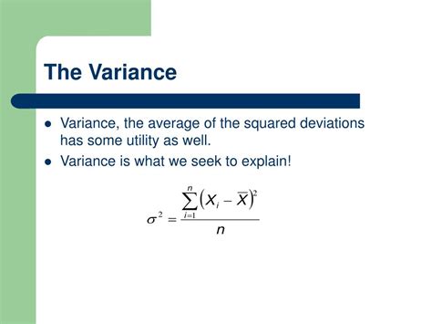 While variance is a common measure of data dispersion, in similar to the variance there is also population and sample standard deviation. PPT - Central Tendency, Variance and Standard Deviation ...