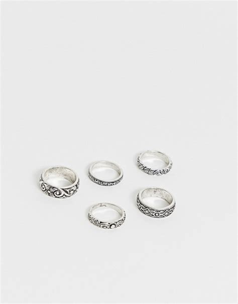 Reclaimed Vintage Inspired Ring Pack With Emboss Detail In Silver