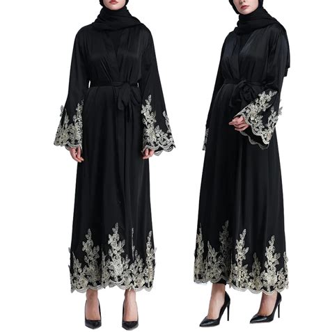 lace trimmed front abaya muslim maxi kaftan muslim women islamic golden silk embroidery long