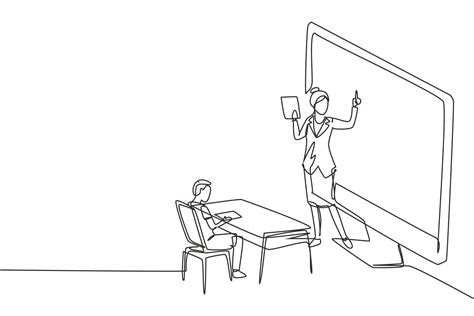 Continuous One Line Drawing Female Teacher Standing In Front Of Monitor