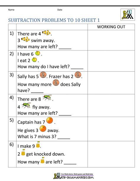 1st grade word problems worksheets & free printables first graders learn to parse written scenarios and represent them as math problems with our first grade word problem worksheets. 1st-grade-subtraction-problems-to-10-1.gif (1000×1294 ...