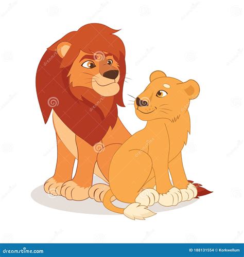 Cartoon Cute Happy Lion And Lioness Couple Sitting On The White