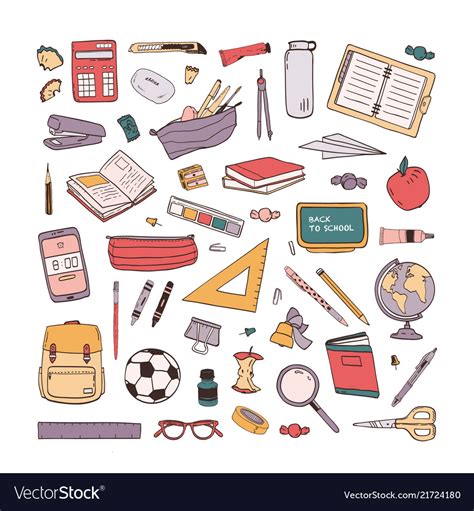 Collection School Stationery Items Hand Drawn Vector Image