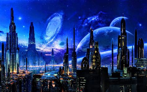 Futuristic City And Blue Space Scenery Beyond By Rogue Rattlesnake On