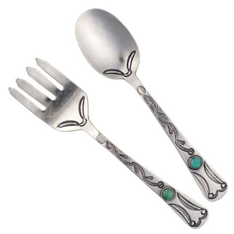 Navajo Stamped Silver Spoon And Fork Set With Turquoise C1940