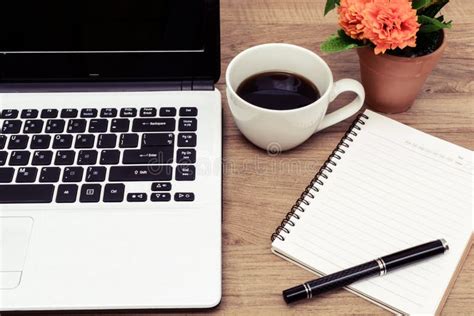 Laptop And Cup Of Coffee With Flower On Desk Stock Image Image Of