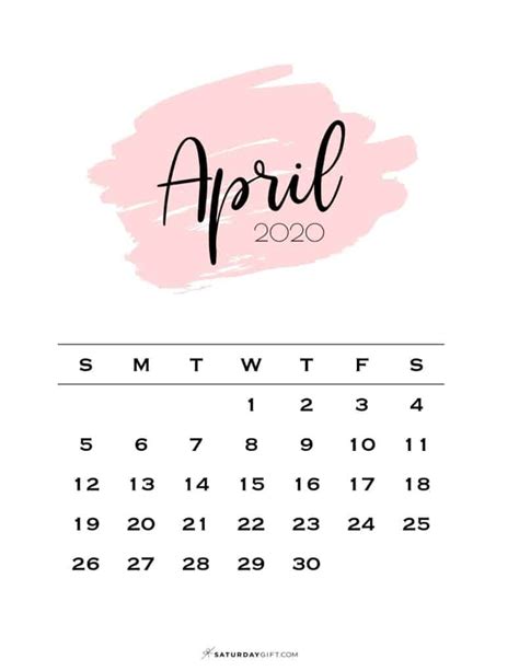 Cute And Free Printable April 2020 Calendar Saturdayt