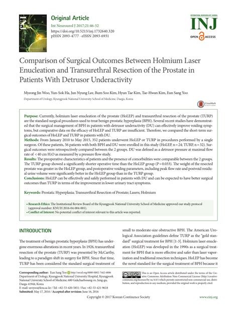 Pdf Comparison Of Surgical Outcomes Between Holmium Laser Enucleation And Transurethral
