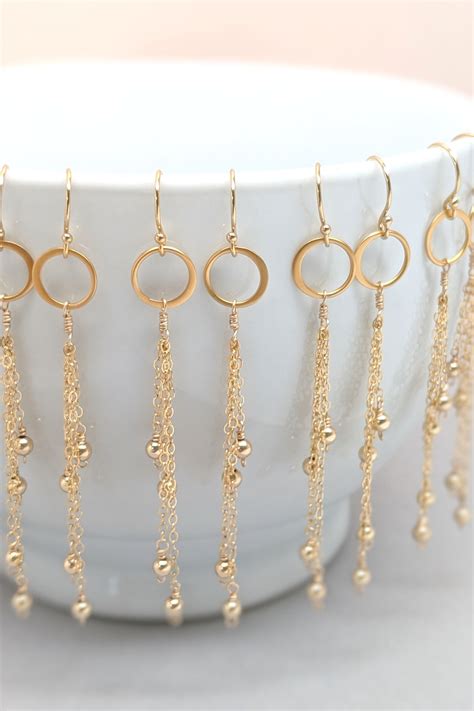 Chain Tassel Earrings Circle Long Chain Dangle 14 K Gold Etsy Boho
