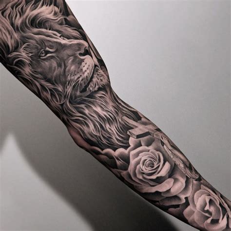 Lion And Roses Sleeve Tattoos Tattoos Full Sleeve Tattoos
