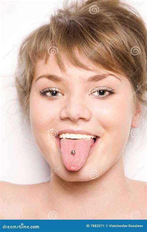 Portrait Of Happy Woman With Pierced Tongue Stock Image Image