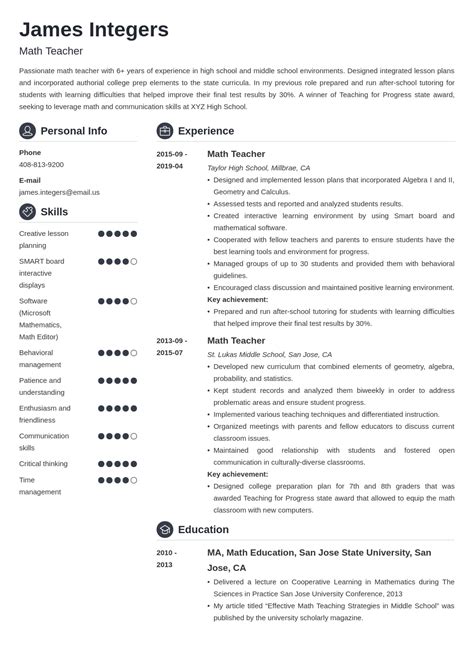 Math Teacher Resume Examples And Writing Guide Skills