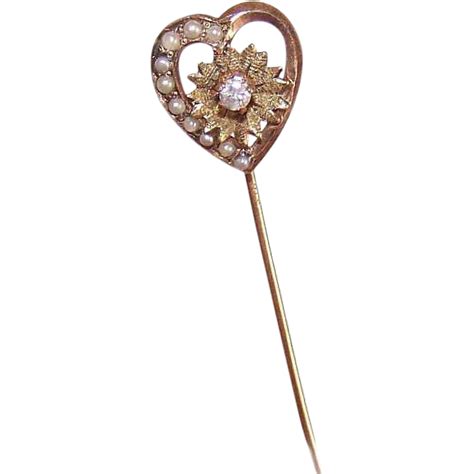 Adorable Antique Victorian 10k Gold Diamond And Natural Pearl Stick Pin