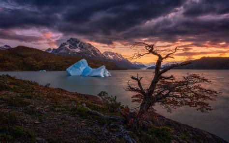 Nature Landscape Lake Iceberg Mountain Trees Clouds Sunset
