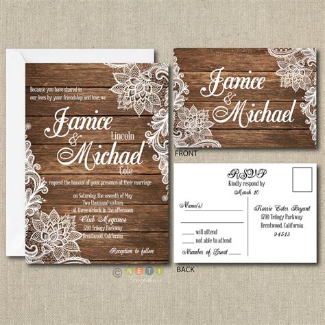 100 Personalized Country Rustic Lace Wedding Invitations