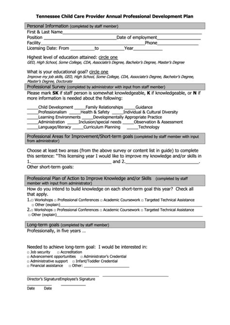 child care provider annual professional development plan