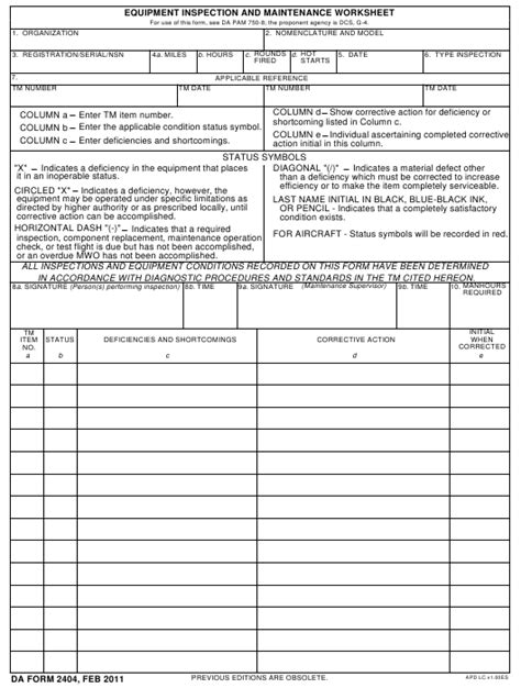 Da Form 2404 Download Fillable Pdf Or Fill Online Equipment Inspection