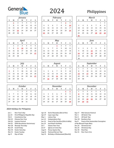 2024 Year At A Glance Calendar With Philippines Holidays Free 2024