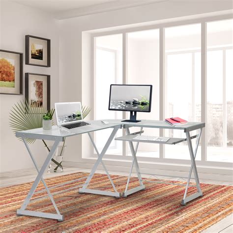 Kepooman Home Office L Shaped Computer Corner Desk With Tempered Glass