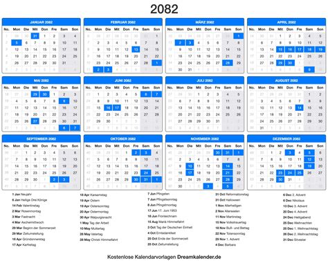 Er fällt auf sonntag, 4. Druckbare Kalender 2082 - Dream Kalender