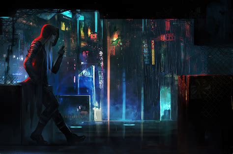 2560x1700 Cyberpunk Rain Town Man Standing Chromebook Pixel Hd 4k
