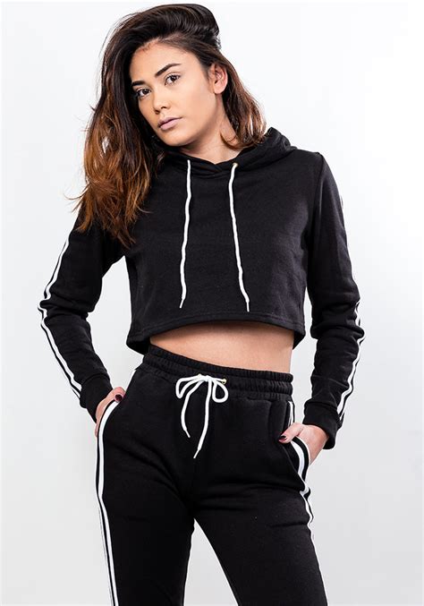 Side Stripe Crop Hoodie With Sweatpants Set In Black Fiorella Shop