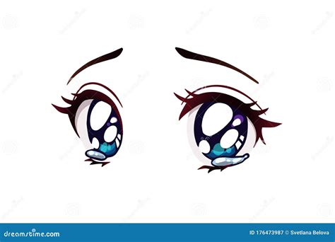 Sad Anime Eyes Tears In Her Big Blue Eyes Stock Vector Illustration