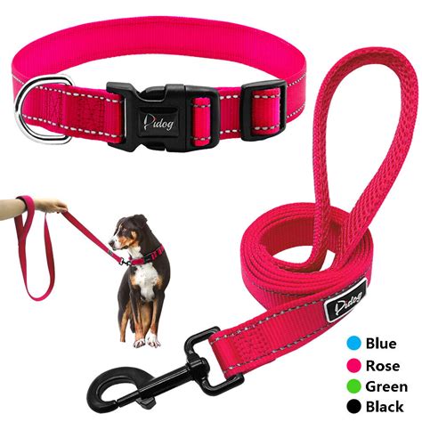Nylon Pet Dog Collar And Matching Leash Set Adjustable Pink Blue Black