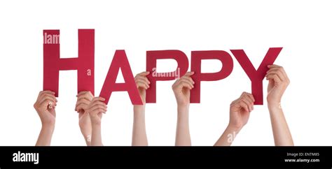 Many People Hands Holding Red Straight Word Happy Stock Photo Alamy