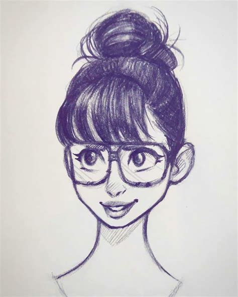 A Drawing Of A Woman With Glasses And A Bun