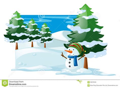 Winter Scene With Snowman In The Snow Field Stock Vector Illustration