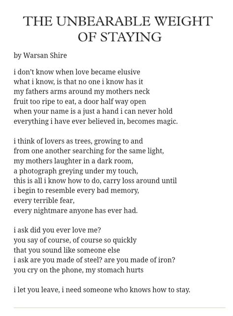 Poem The Unbearable Weight Of Staying Warsan Shire Rpoetry