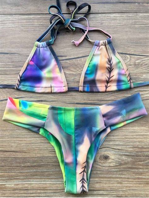 Off Printed Elastic Halter Bikini Set In Colormix Zaful
