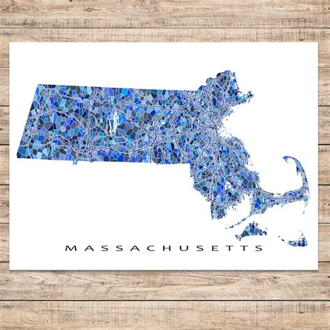 The Massachusetts State Map Is Shown In Blue And White With Words That