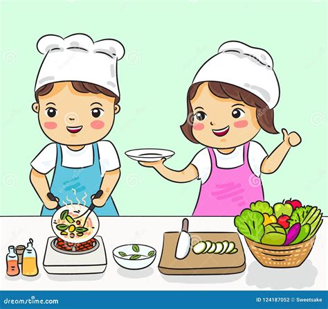 Boy And Girl Cooking Healthy Food Vector Illustration Stock Vector