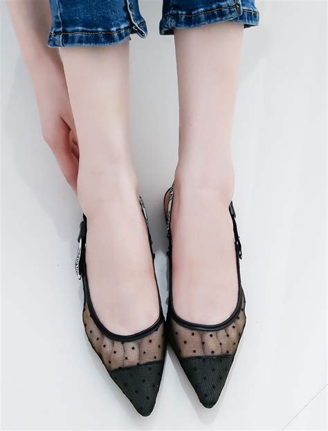 Womens Black Flats Lace Pointed Toe Slingbacks Flat Shoes