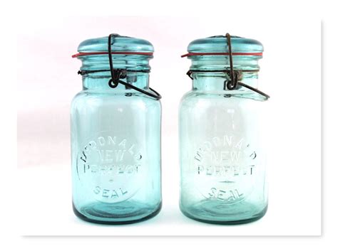 Antique Pair Of Mcdonald Blue Mason Canning Jars With Glass Lids