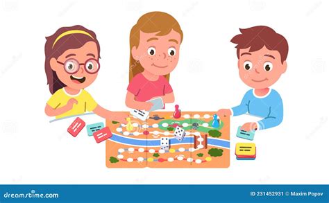 Kids Boy And Two Girls Playing Board Game Together Stock Vector