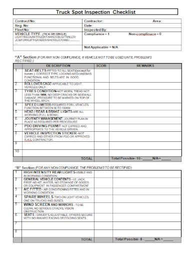 Free Truck Inspection Checklist Samples Food Fire Safety