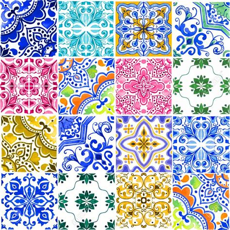 Seamless Pattern With With Portuguese Tiles Watercolor Illustration Of