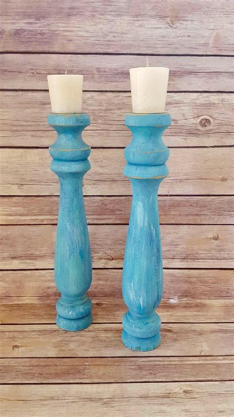 Candle Holders Wood Pair Turquoise Pillar Column Farmhouse Up Cycled