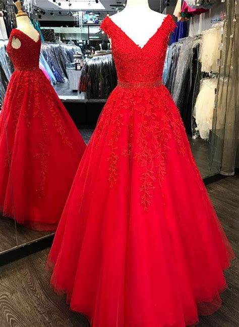 Red Tulle Appliques Prom Dress Sexy Ball Gown Prom Dresses Princess