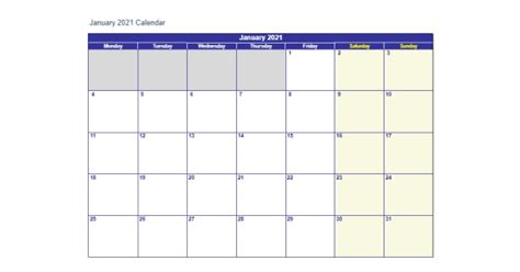 Quickly print a blank yearly 2021 calendar for your fridge, desk, planner or wall using one of our pdfs or images. Printable January 2021 Calendar Excel - 2020 Calendar