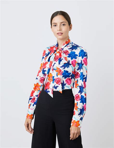 Satin Women S Fitted Shirt With Large Floral Print And Pussy Bow In