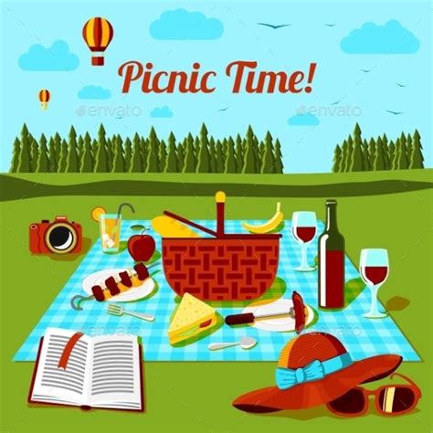 Picnic Time Poster With Different Food And Drink